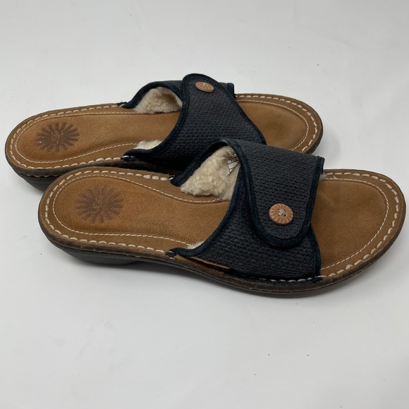UGG Australia Leather Slides Sheepskin Lined Comfort Sandals Navy Blue Size 7 - Picture 5 of 11